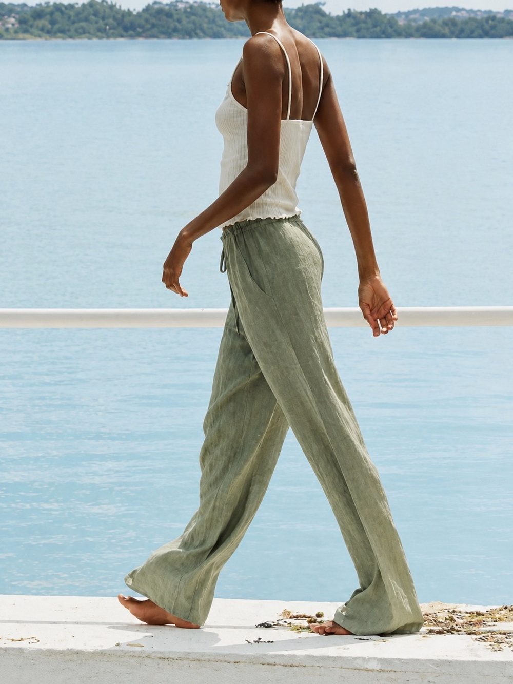 Zara Crinkle Drawstring Wide‑Leg Pants – Sage Green, Size Medium